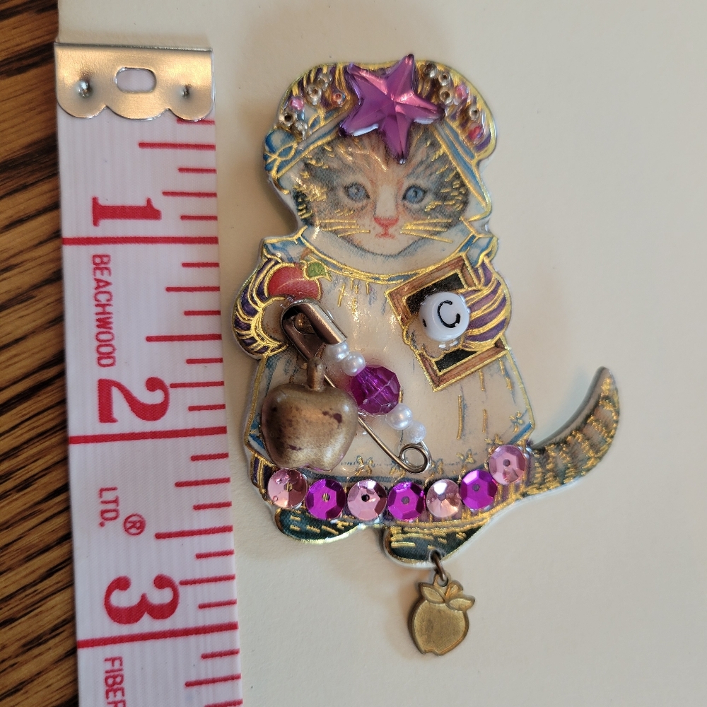Handcrafted Cute Cat Pin Brooch ~ Embellished ~ Teacher ~ Kitten ~ Apple - Picture 6 of 16